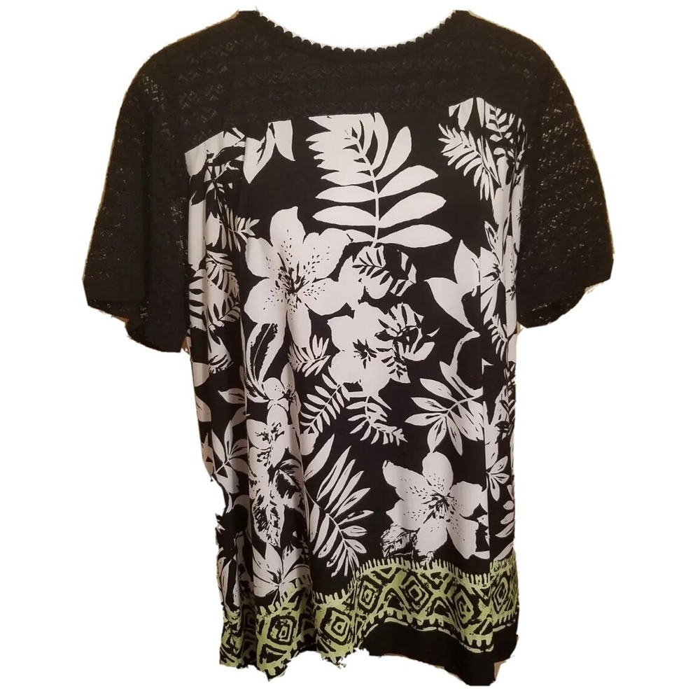 Alfred Dunner Womens Floral Print Top Size 1X Short Sleeve Black Tropical shirt